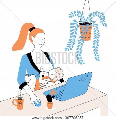 Mom Freelancer Breastfeeds A Newborn And Works On A Laptop. Concept Of A Working Mother. A Woman Wit
