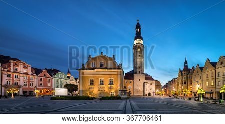 Boleslawiec, Poland. View Of Market Square (rynek) With Historic Building Of Town Hall At Dusk