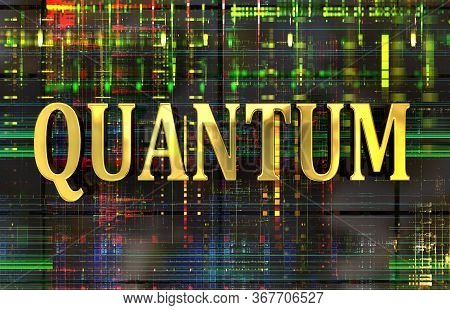 Quantum Word In Gold With Electronic Background. 3d Illustration