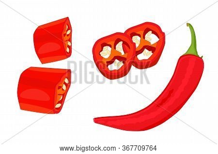 Chili Pepper Isolated On White Background. Set Of Red Hot Natural Chili Pod With Whole, Sliced, Piec