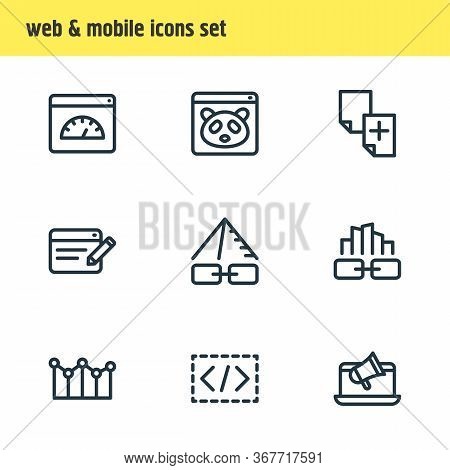 Illustration Of 9 Advertising Icons Line Style. Editable Set Of Web Design Service, Link Pyramid, Du