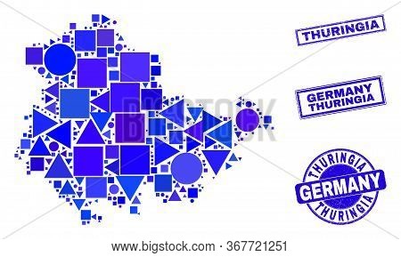 Vector Mosaic Thuringia Land Map. Geographic Plan In Blue Color Tones, And Grunge Round And Rectangl