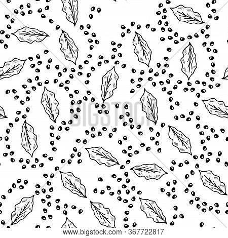 Black Dots, Leaves Background In Doodle Style. Sketchy Hand Drawn Seamless Pattern. Freehand Drawing