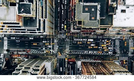 Irds Eye View From Helicopter Of Cityscape Metropolis Infrastructure, Traffic Cars, Yellow Cabs Movi
