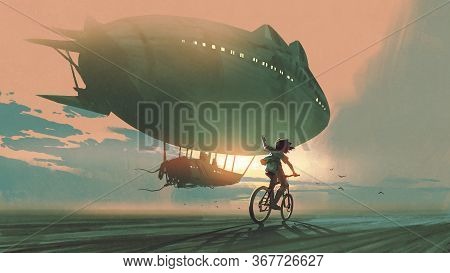 Kid Rides A Bicycle Waving Good Bye To The Airship At Sunset, Digital Art Style, Illustration Painti