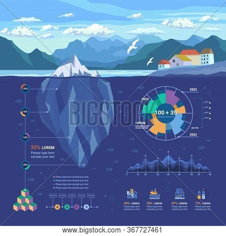 Iceberg Floating In Fjord. Infographic Underwater And Flat Elements With Polygonal Iceberg, Graphics