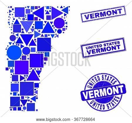Vector Mosaic Vermont State Map. Geographic Collage In Blue Color Tones, And Unclean Round And Recta
