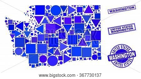 Vector Mosaic Washington State Map. Geographic Collage In Blue Color Tones, And Corroded Round And R