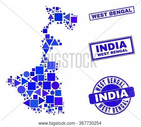 Vector Mosaic West Bengal State Map. Geographic Plan In Blue Color Hues, And Textured Round And Rect