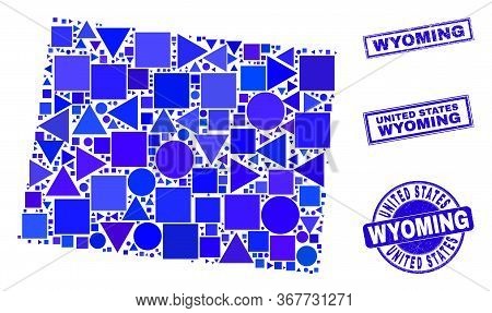 Vector Mosaic Wyoming State Map. Geographic Scheme In Blue Color Tones, And Corroded Round And Recta
