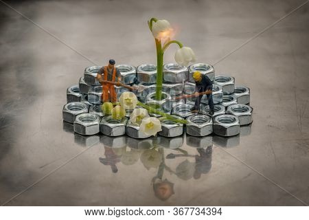 Miniiature People City Utility Services Landscape The City Territory And Establish A Street Light Li