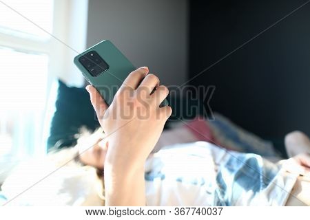 Woman Lying Bed And Looking At Smartphone Screen. Lack Purpose In Life. Loss Meaning Life. Weekend B