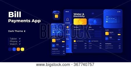 Utility Bills Payment App Screen Vector Adaptive Design Template. Water And Electricity Cost Applica