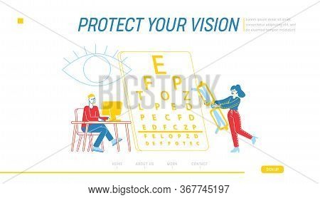 Myopia And Eyes Disease Landing Page Template. Male Character Sit At Desk Work On Computer In Office