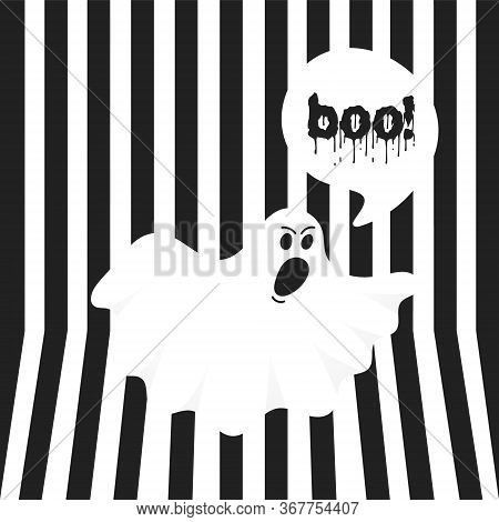 Boo Ghost Halloween Message Concept. Flying Halloween Funny Spooky Ghost Character Say Boo With Text