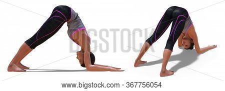 3d Illustration Of Back And Right Profile Poses Of A Virtual Woman In Yoga Dolphin Pose With A White