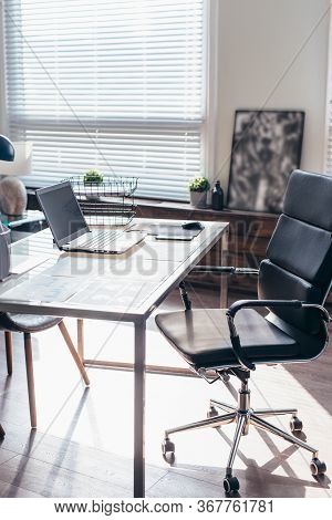 Workplace With Laptop, Office Interior, No People