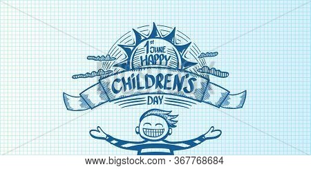 1 June International Childrens Day Cartoon Doodle Style Horizontal Banner Background. Happy Children