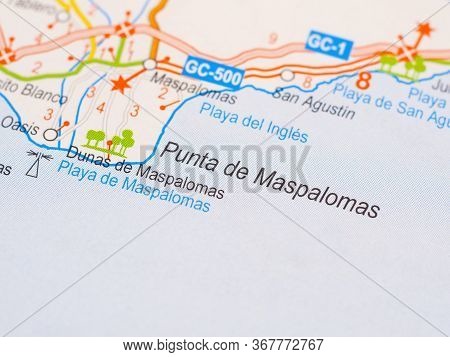 Macro Picture Of The Location On The Map Of The City Of Punta De Maspalomas In Spain