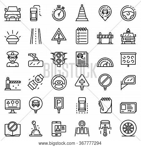 Driving School Icons Set. Outline Set Of Driving School Vector Icons For Web Design Isolated On Whit
