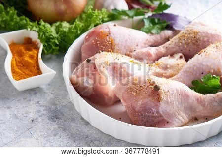 Uncooked Chicken Drumstick With And Turmeric Copy Space