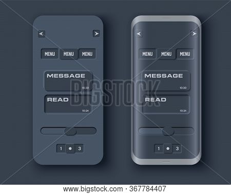Neumorph Dark Ui Kit On Sample Smartphone Screen. Menu With Switches And Messages. Light Color Set. 