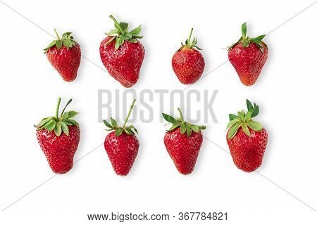 Eight Big Ripe Red Strawberries Laying On Isolated White Background. Healthy Eating And Vegan Raw Fo