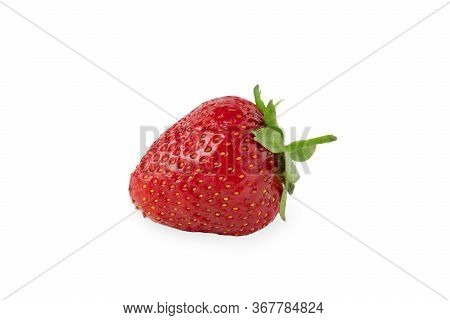 One Single Big Ripe Red Strawberry Laying On Isolated White Background. Healthy Eating And Low Calor