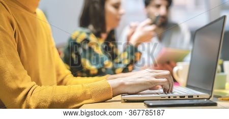 Young Friends Working Together Inside Office - Millennial People Doing Startup Strategy In Coworking