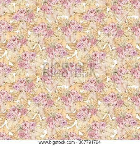 Watercolor Seamless Pattern Of Beige And Creamy Palm Leaves And Roses. Exotic Golden Blush Backgroun