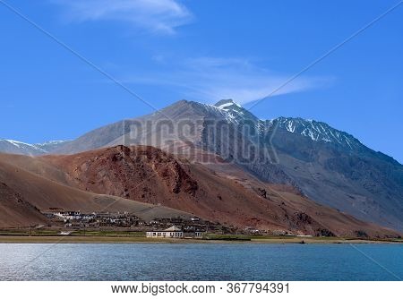 Panoramic View Of Beautiful Tso Moriri Lake And Korzok Village In The Changthang Plateau In Ladakh, 