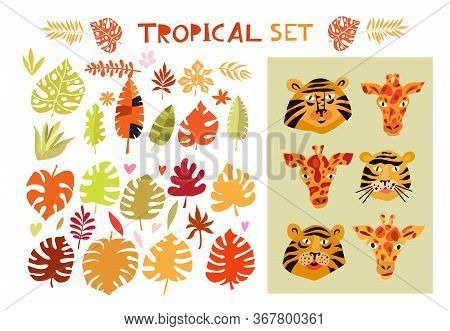 Beautiful Big  Set With Tropical Animals And Plants, Exotic  Flowers. Cute  Vector Elements In Flat 