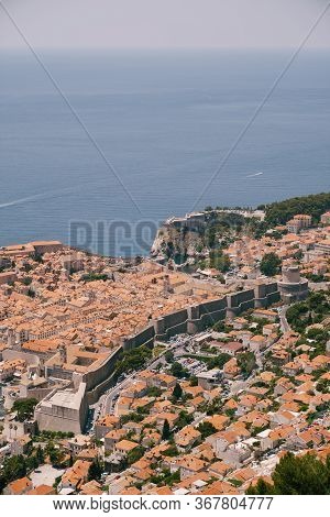 Aerial Top View On The Old City Of Dubrovnik, From The Observation Deck On The Mountain Above The Ci
