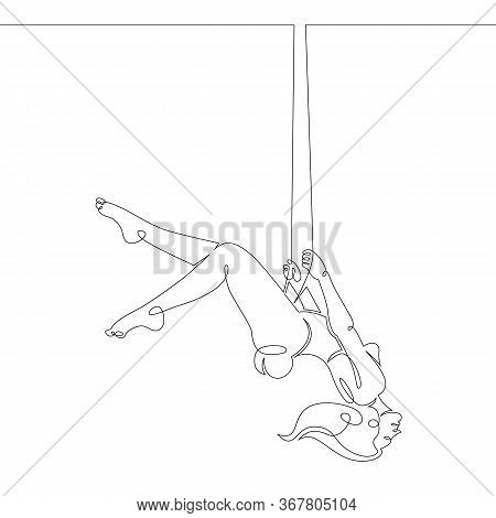 One Continuous Drawing Line Girl With Long Hair Swinging On Teeterboard Swing .single Hand Drawn Art