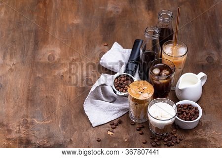 Different Trendy Coffee Drink. Cold Brew Coffee, Espresso Tonic, Ice Cream Latte And Dalgona Coffee