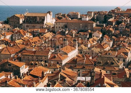 Roofs Of The Old City Of Dubrovnik, Orange Roof Tiles On Houses, A View From A Height, From The Wall