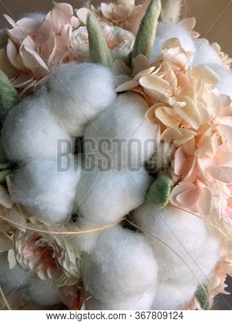 Flower Arrangement Cotton Blooms In White, Roses In A Beautiful Blend Of Peach, Light Peach And Whit