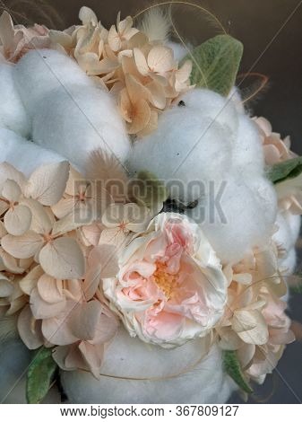 Flower Arrangement Cotton Blooms In White, Roses In A Beautiful Blend Of Peach, Light Peach And Whit