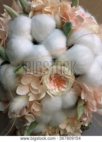 Flower Arrangement Cotton Blooms In White, Roses In A Beautiful Blend Of Peach, Light Peach And Whit