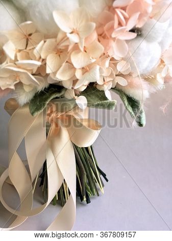 Flower Arrangement Cotton Blooms In White, Roses In A Beautiful Blend Of Peach, Light Peach And Whit