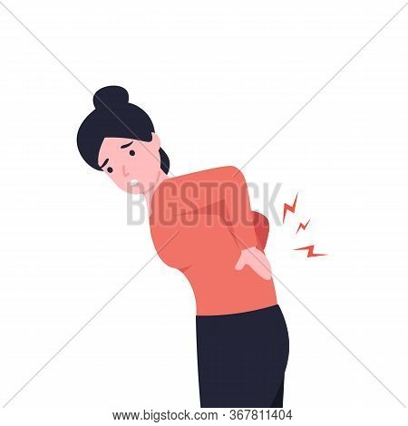 Woman Having Pain In Her Back. Flat Vector Cartoon Modern Illustration.