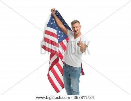 Did You Apply For Citizenship. Man Point Finger With Usa Flag. American Citizen Isolated On White. C