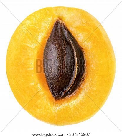 Apricot Half Or Yellow Plum With Kernel Isolated On White Background. Apricot Half And Seed With Cli
