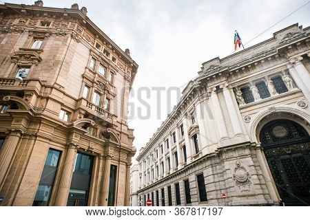 Milan. Italy - May 20, 2019: Crossroads of Armorari Street and Cordusio Street. Facade of Bank of Italy.