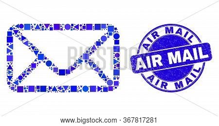 Geometric Envelope Mosaic Pictogram And Air Mail Seal Stamp. Blue Vector Round Scratched Seal Stamp 