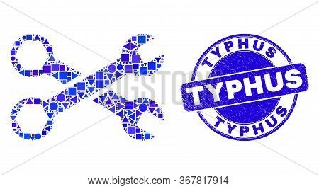 Geometric Wrenches Mosaic Pictogram And Typhus Seal Stamp. Blue Vector Round Scratched Seal Stamp Wi