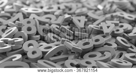 Grey Monochrome Colored Random Digit Numbers Heap Background, Algebra, Education Or Science Concept,