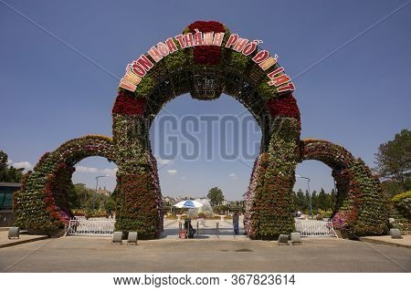 Da Lat, Lam Dong, Vietnam - February 20, 2011: Entrance Gate Made Of Flowers In The Bich Cau Dalat F
