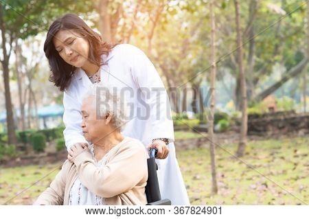 Doctor Help And Care Asian Senior Or Elderly Old Lady Woman Patient Sitting On Wheelchair At Park In
