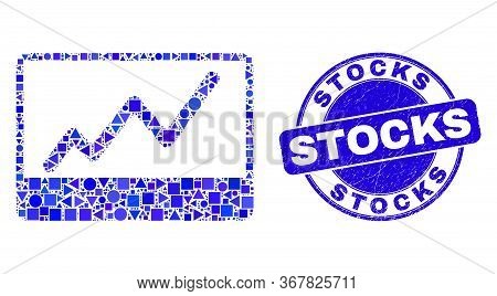 Geometric Stocks Chart Mosaic Pictogram And Stocks Seal Stamp. Blue Vector Round Textured Seal With 